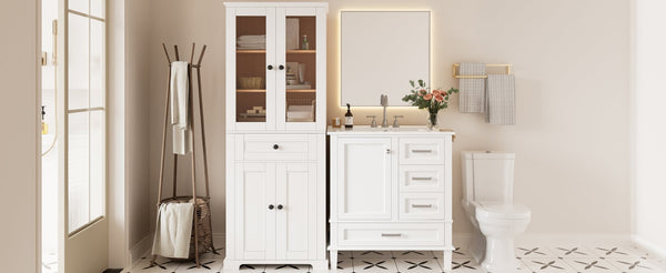 English Elm 67.57" Tall Matte Cabinet Vanity Combo with Glass Doors Soft-close Drawers Sink White N729P000033K