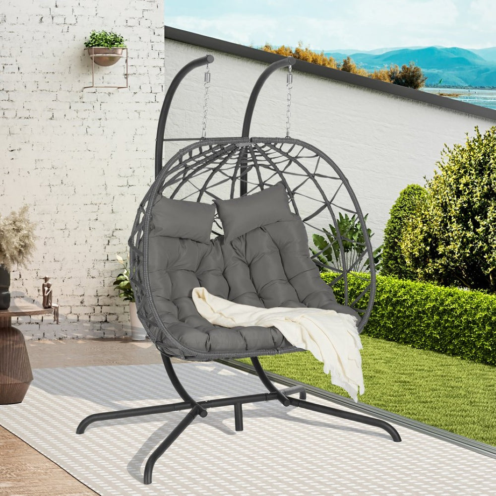 English Elm Double Hanging Egg Chair Wicker Freestanding Swing Seat for Patio Balcony Bedroom W874P270571