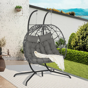 English Elm Double Hanging Egg Chair Wicker Freestanding Swing Seat for Patio Balcony Bedroom W874P270571