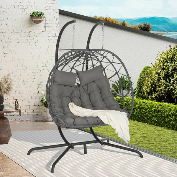 English Elm Double Hanging Egg Chair Wicker Freestanding Swing Seat for Patio Balcony Bedroom W874P270571