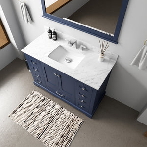 English Elm Navy Single Bath Vanity 48" W x 22" D with Carrara Marble Top, Soft-Close Drawers & Chrome Faucet Set B2731P258357