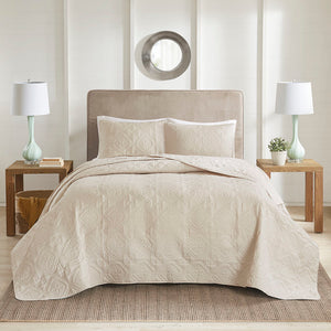 JLA Home 510 Design - 3 Reversible Bedspread Set Oversized Quilted Medallion Microfiber 3-Piece Hypoallergenic Washable Elegance Cream 5DS13-0167