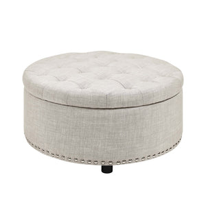 English Elm Tufted Linen Square Ottoman with Lift Top Storage Nailhead Trim Living Room Almond B2748P481670