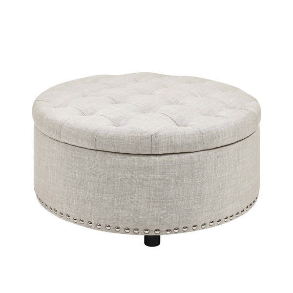 English Elm Tufted Linen Square Ottoman with Lift Top Storage Nailhead Trim Living Room Almond B2748P481670
