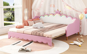 English Elm Twin Extending Daybed with LED Crown Headboard, Upholstered Princess Design for Cozy Kids Room Pink 45 L x 23 W x 7.2 H HL000104AAH
