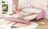 English Elm Twin Extending Daybed With Led Lights, Modern Upholstered Princess Daybed With Crown Headboard,Pink