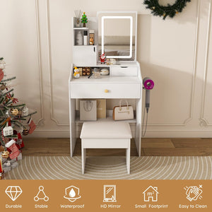 English Elm 3-color Led Vanity Table with Stool Drawers and Built-in Power Hub for Bedroom White W2700P457870