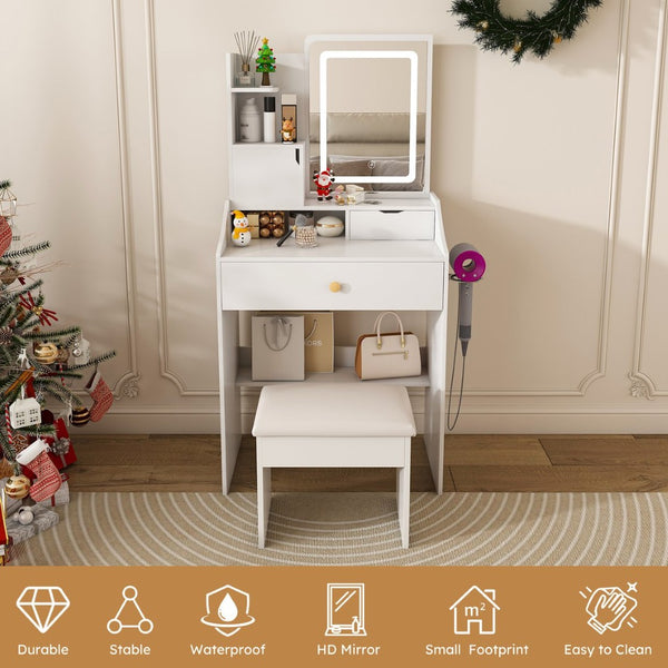 English Elm 3-color Led Vanity Table with Stool Drawers and Built-in Power Hub for Bedroom White W2700P457870