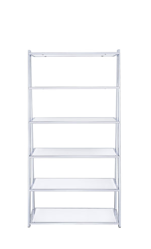 English Elm Coleen Modern White High Gloss Bookshelf with Chrome Frame, 6 Fixed Shelves, MDF Veneer Durable Storage B2726S00452