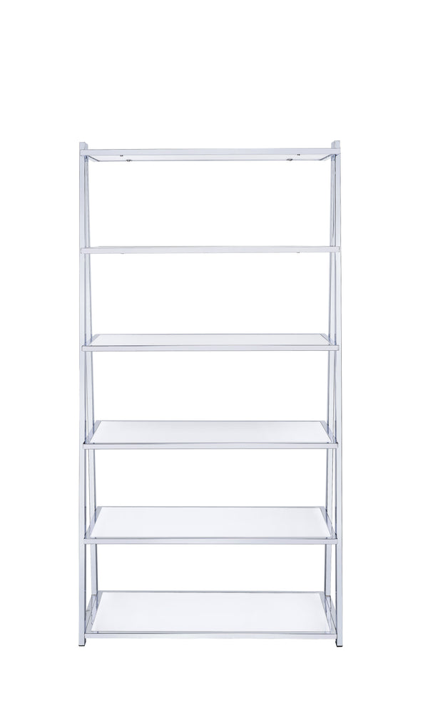 English Elm Coleen Modern White High Gloss Bookshelf with Chrome Frame, 6 Fixed Shelves, MDF Veneer Durable Storage B2726S00452