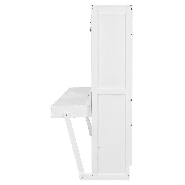 English Elm Queen Murphy Bed Cabinet with Vanity Desk Hydraulic Lift Mirror Distressed Finish White LP000766AAK-1