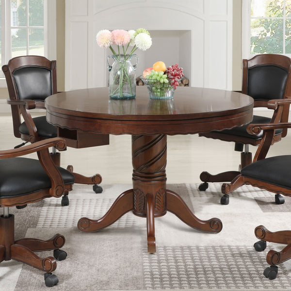 English Elm Brenton Round Tobacco Game Table with Pedestal Base, 8 Cupholders & Carved Ribbon Motif Elegance B062S01102