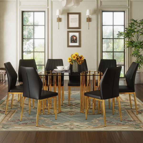 English Elm Table Set Oval Tempered Glass Top Gold Column Base with Eight Pu Leather Dining Chairs W1151S04727