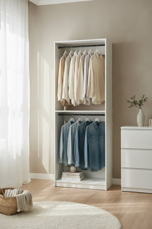 English Elm Prosper 32" White Wood Walk-In Closet Organizer with Two Rods, Freestanding Melamine Oak Finish Durable B040P407428