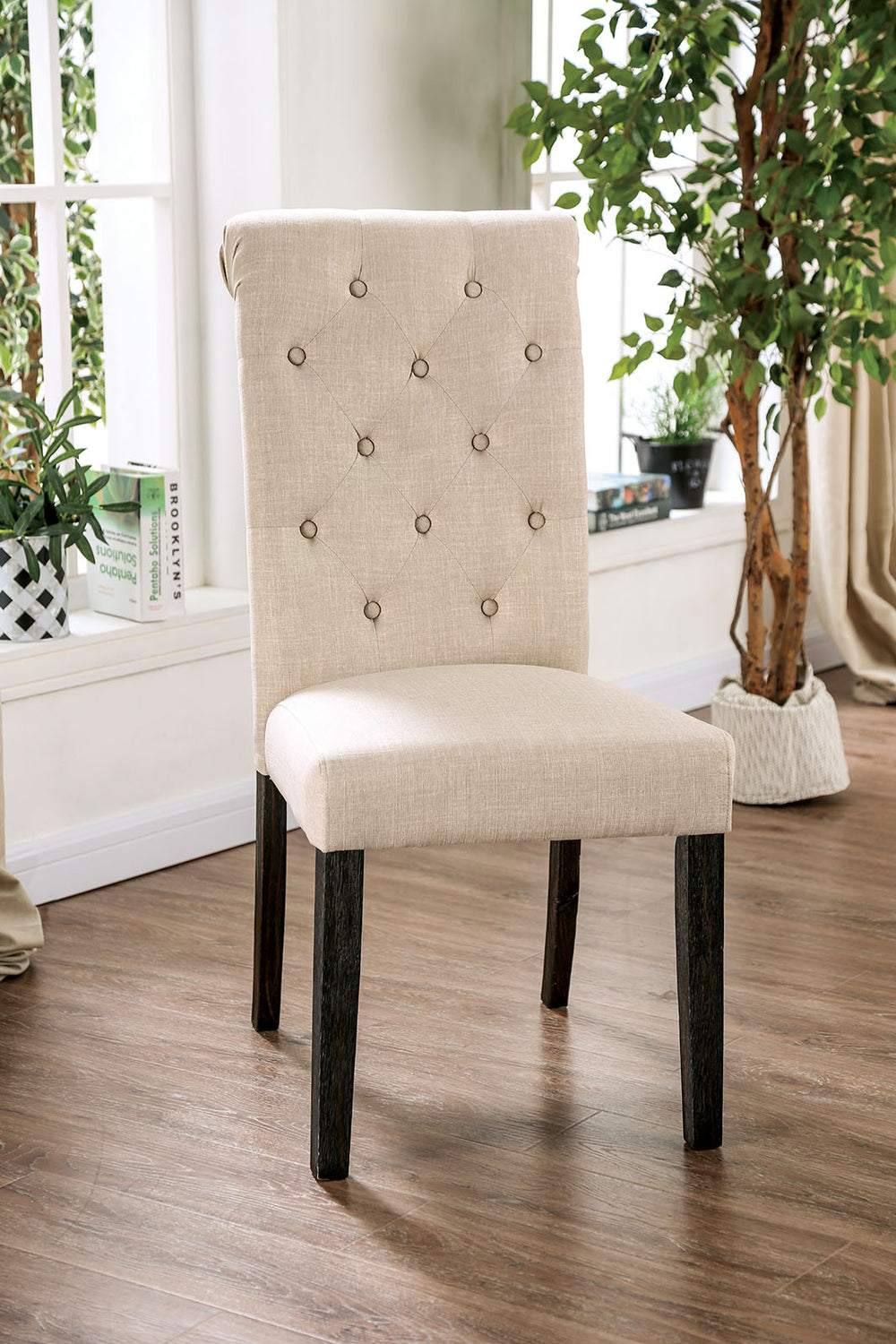English Elm Set of 2 Button-Tufted Fabric Dining Chairs Antique Black & Ivory — Padded Rustic Elegance, Comfortable Seating B016P222719
