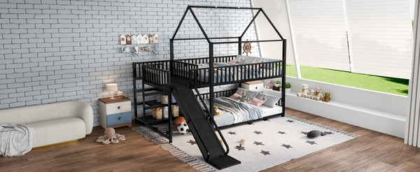 English Elm Full Metal House Bunk Bed with Slide Storage Stairs and Safety Rails for Kids W1580S00345