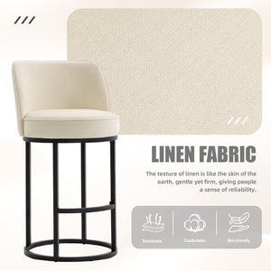 English Elm Counter Height Barstools Set of 2 Linen Upholstered Barrel Seat with Iron Legs Beige W395P410430