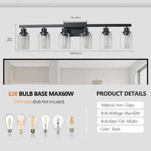 English Elm 37" Modern 6-Light Bathroom Vanity Fixture with Clear Glass Shades, Iron Frame, Hardwired Elegance Black W1340P206684