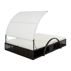 English Elm U_style Outdoor Double Sun Lounger Hdpe Wicker Steel Frame with Canopy Pop up Tables Beige WY000485AAA