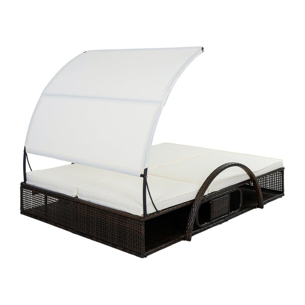 English Elm U_style Outdoor Double Sun Lounger Hdpe Wicker Steel Frame with Canopy Pop up Tables Beige WY000485AAA
