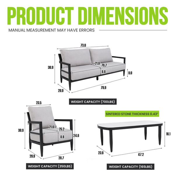 English Elm 4pc Outdoor Patio Set Sintered Stone Table Sunbrella Cushions Aluminum Frame W1886S00040