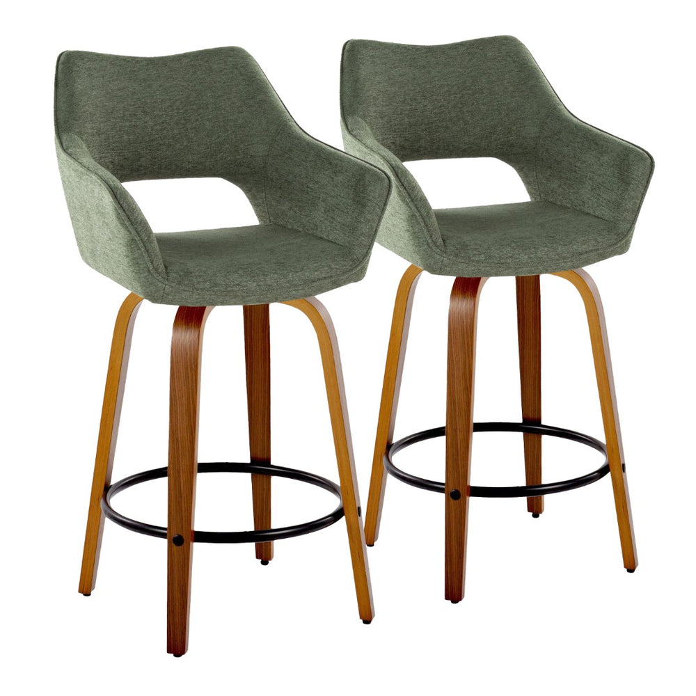 English Elm 26" Swivel Counter Stools Bentwood Walnut Frame Green Upholstered Seat Set of 2 B202S00364