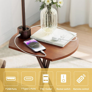English Elm Floor Lamp with Built-in Side Table Usb Charging Remote Dimming for Living Room Brown W3355P440816