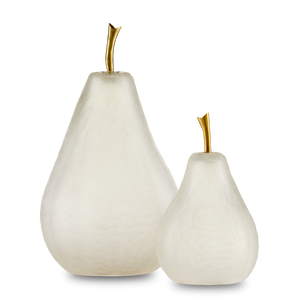 Glass Pear Set of 2 - Artisanal Frosted Glass Sculptures with Brass Stems for Elegant Décor
