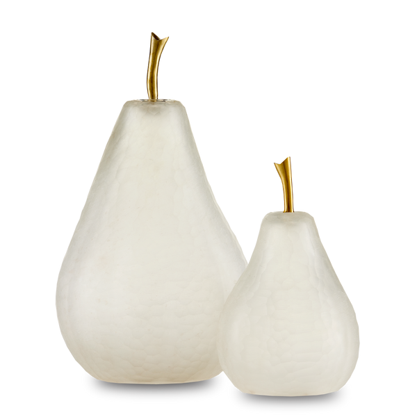 Glass Pear Set of 2 - Artisanal Frosted Glass Sculptures with Brass Stems for Elegant Décor