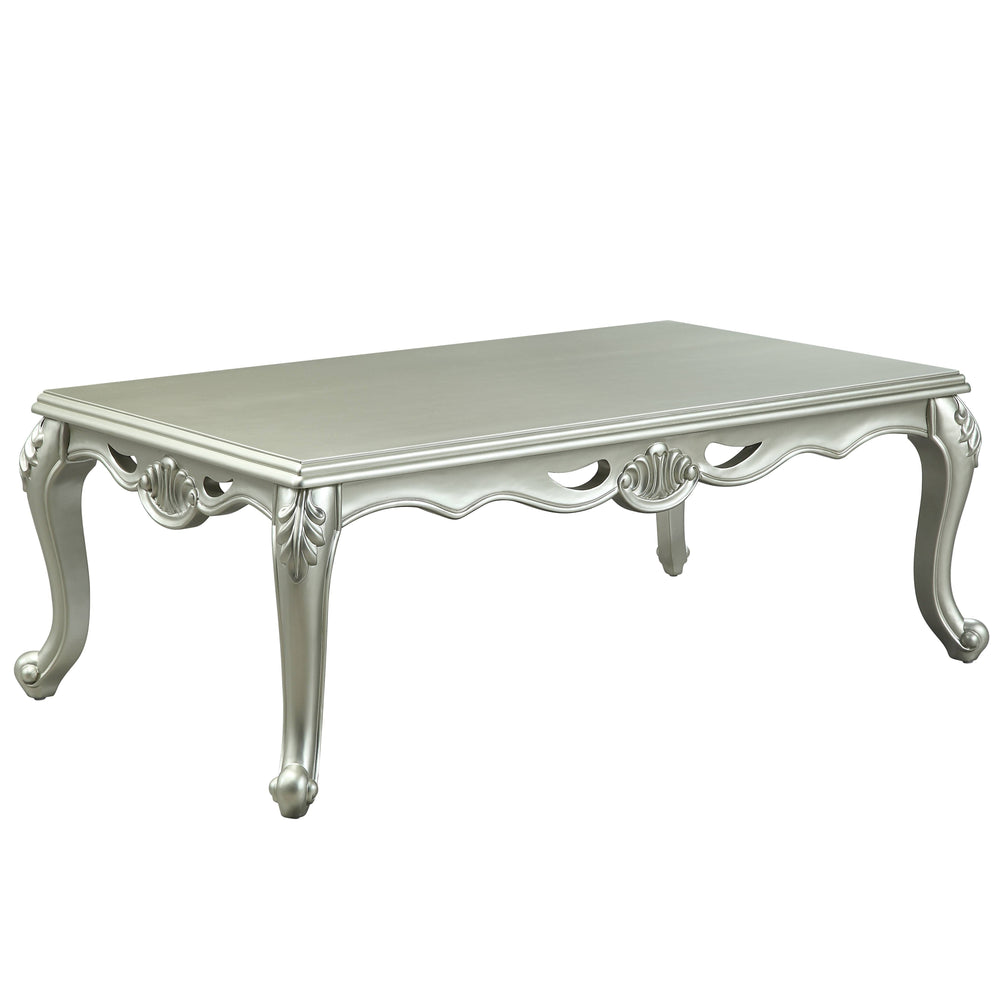 English Elm Qunsia Champagne Finish Coffee Table with Floral Trim Apron, Queen Anne KD Legs, 40mm Top, 14" Clearance B2726P281898