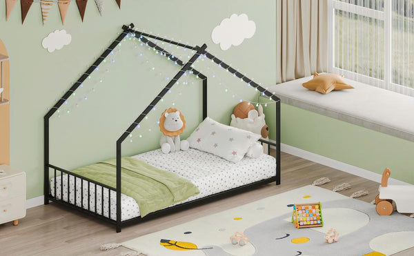 English Elm Twin iron roof bed frame with LED light strips for kids, sturdy 350lb capacity, easy 30-min assembly Black W1820P308329