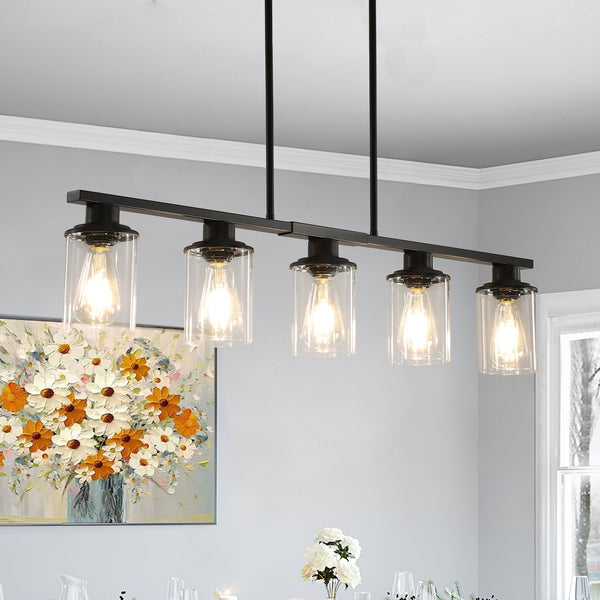 English Elm 37" Modern Industrial 5-Light Chandelier with Clear Glass Shades, Matte Metal Frame, Adjustable Hanging Fixture for Dining Room Kitchen Island Living Areas Black W2312P368677