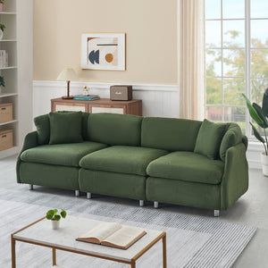 English Elm 95.3 Teddy Two Throw Pillow 3-Seat Sofa with Plush Teddy Fabric, Solid Wood Frame and Metal Legs Green W1278S00072