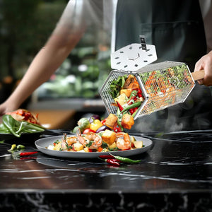 English Elm Stainless Steel Mesh Rolling Grill Basket with Detachable Wooden Handle Outdoor W2181P480510
