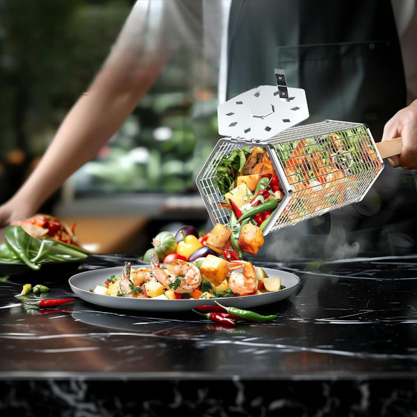 English Elm Stainless Steel Mesh Rolling Grill Basket with Detachable Wooden Handle Outdoor W2181P480510