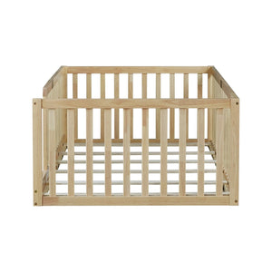 English Elm Twin Montessori Floor Bed Solid Rubber Wood with Safety Fence Rails Toddler Room W504P411197