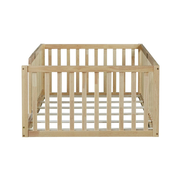 English Elm Twin Montessori Floor Bed Solid Rubber Wood with Safety Fence Rails Toddler Room W504P411197