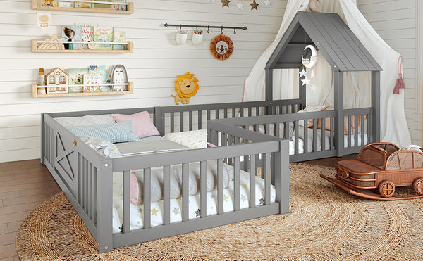 English Elm Twin House Floor Bed with Door and Full-Length Guardrails, Solid Wood Double Twin Floor Bed for Kids' Playful Rooms Grey W1580P354638