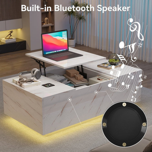 English Elm Coffee Table with Led Lighting Bluetooth Speaker Wireless Charging and Faux Marble Top T3773P415729