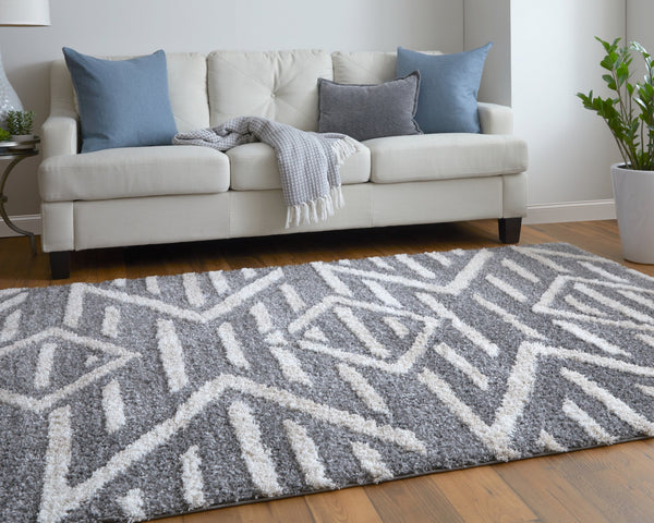 Feizy Rugs Mynka Geometric High Pile Polyester Rug - Stain Resistant, Pet Friendly, Perfect For Any Space Gray,Ivory Polyester Myn39ibfgry000g23