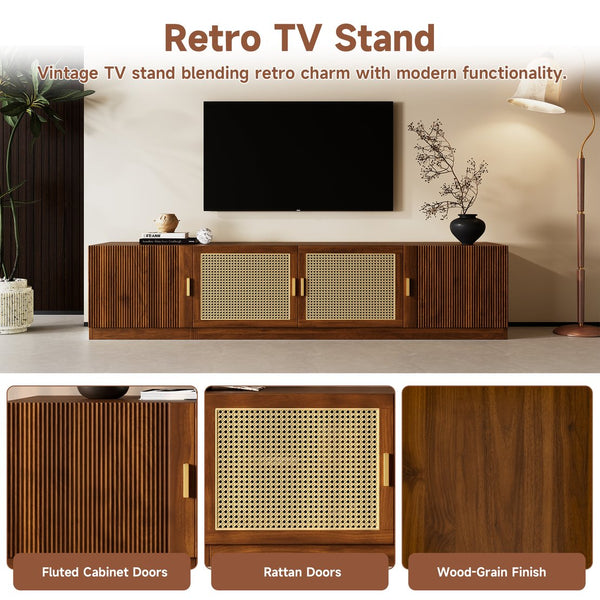 English Elm 78" TV Stand for TVs up to 85" — Walnut Media Console with Rattan Doors, Fluted Fronts & Adjustable Shelves N710P362196P
