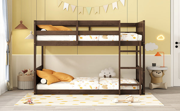 English Elm Twin Twin over Twin Floor Bunk Bed with Rustic Panel Headboards, Solid Rubberwood Frame, Space-Saving Design Antique Dark Oak W504P263818