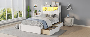 English Elm Twin Wood Storage Bed with Led Headboard Drawers and Pull Out Cabinet for Kids White W2593S00048