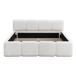 English Elm Queen Boucle Upholstered Platform Bed Low Profile Block Silhouette for Modern Bedroom N757P385459W