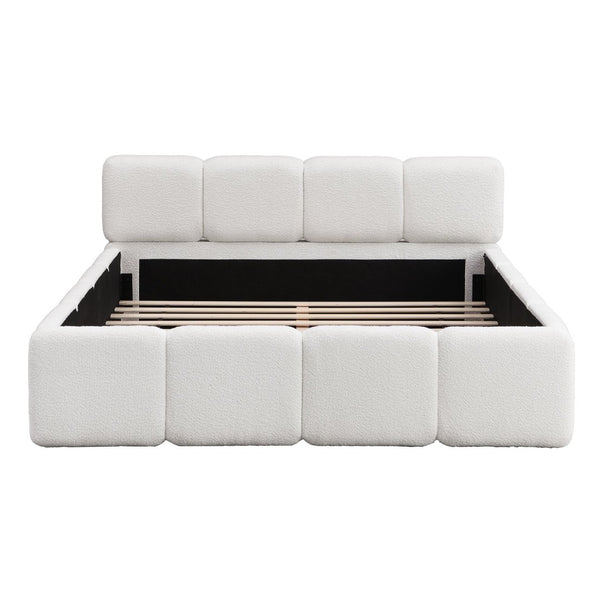 English Elm Queen Boucle Upholstered Platform Bed Low Profile Block Silhouette for Modern Bedroom N757P385459W