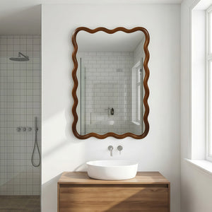 English Elm Black Walnut Solid Wood Wavy Frame Mirror Sculptural Bohemian Accent for Any Room W2203P455232