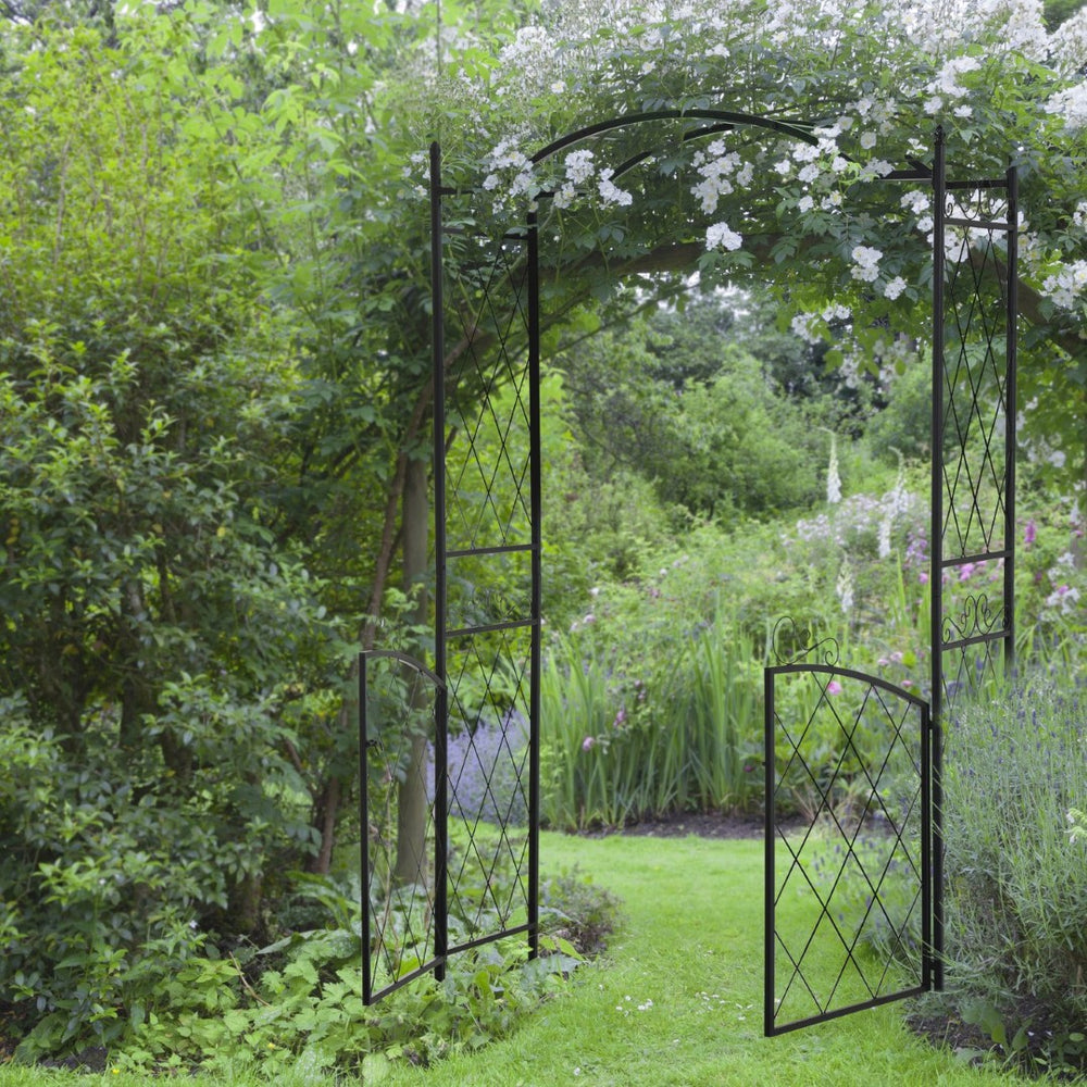 English Elm Outsunny 85" Garden Arch Arbor With Gate - Elegant Metal Trellis For Vines & Wedding Décor Focal Point W2225P174426-GIGA