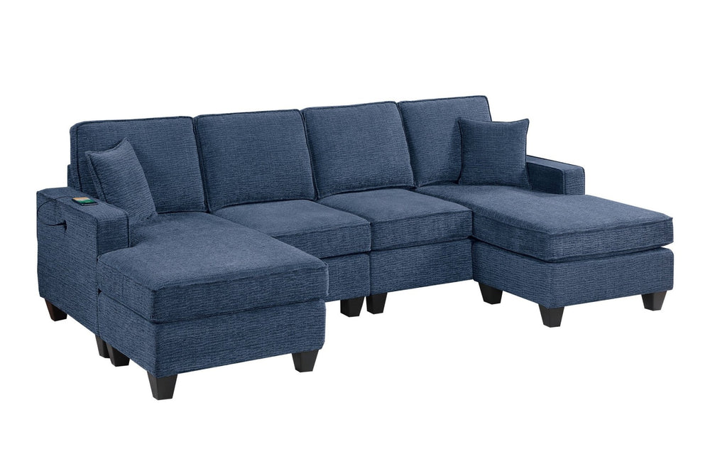 English Elm 3pc Chenille Sectional Sofa Set with Usb Charging Navy Modular Living Room Seating B011S02193