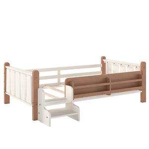 English Elm Twin Pine Floor Bed for Kids with Side Bookcases Built-in Stairs and Safety Guardrails Beige W1580P390214