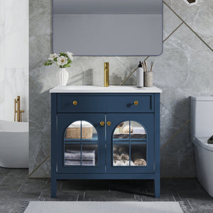 English Elm 35.6" Freestanding Bathroom Vanity with Roman Column Base and Ceramic Integrated Sink Blue W1801S00013